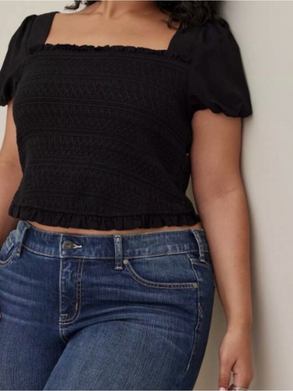 Torrid Challis Smocked Puff Sleeve Crop Top Blouse Shirt Black Womens Size 4